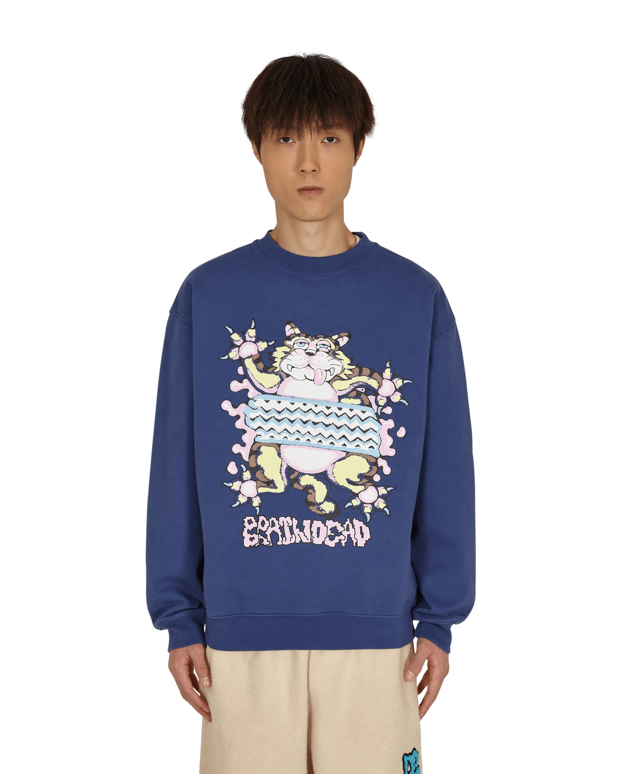 Brain Dead Relaxed Cat Crewneck Washed Navy Sweatshirts Crewneck BDF21T10001950 NY02