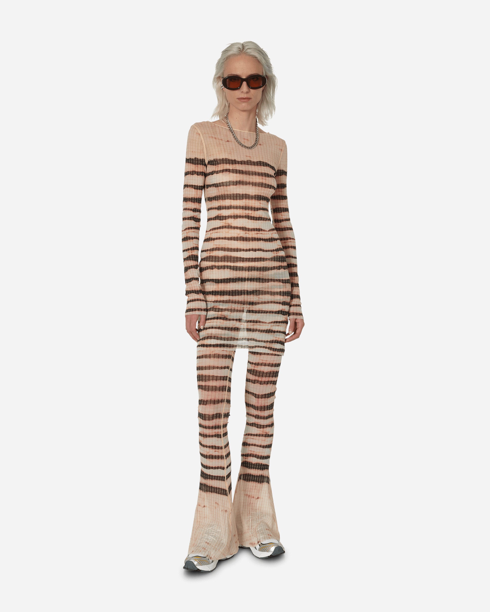 Jean Paul Gaultier Wmns Knwls High Neck Dress Long Sleeves Printed Striped Washed Mariniere Ecru/Brown Dresses Dress Short 2314-F-RO064-T535 360